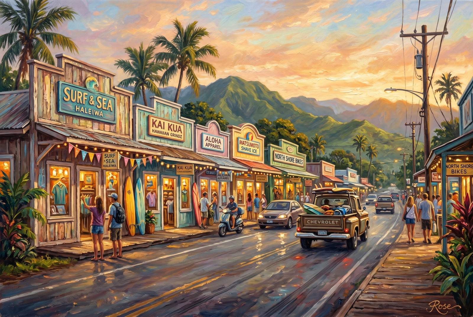Oil painting of Haleiwa town at golden hour on Oahu