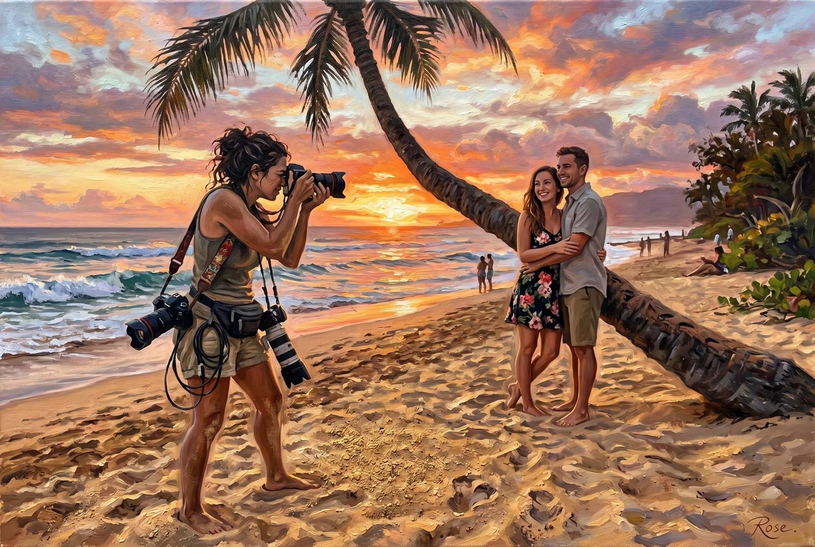 Oil painting of a barefoot photographer working couples under the leaning palm at Sunset Beach