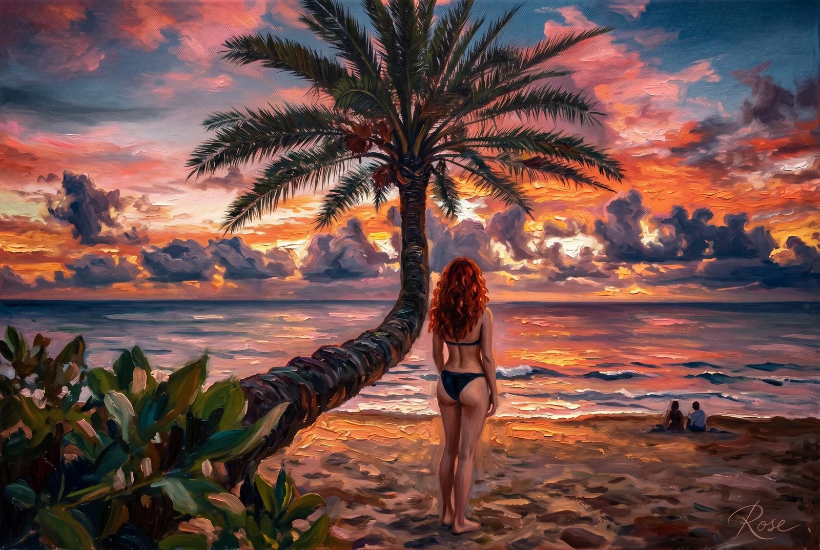 Oil painting of the famous leaning palm at Sunset Beach on Oahu