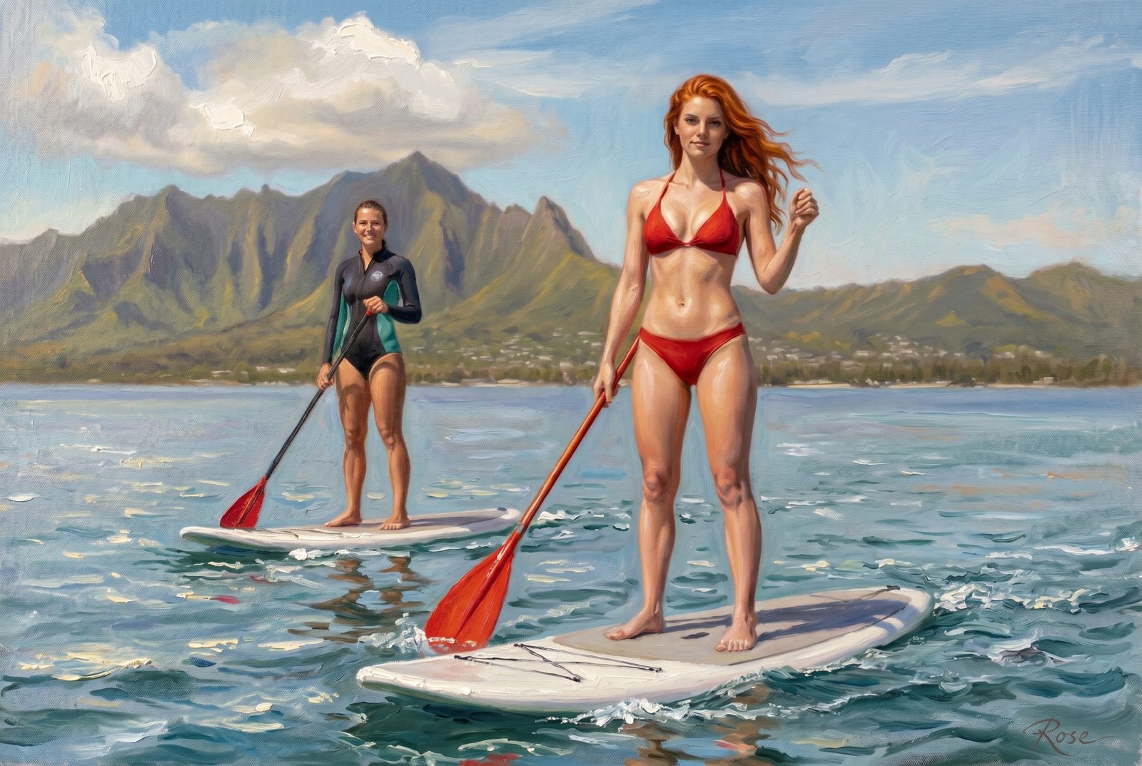 Oil painting of Rose paddle boarding in calm water on Oahu