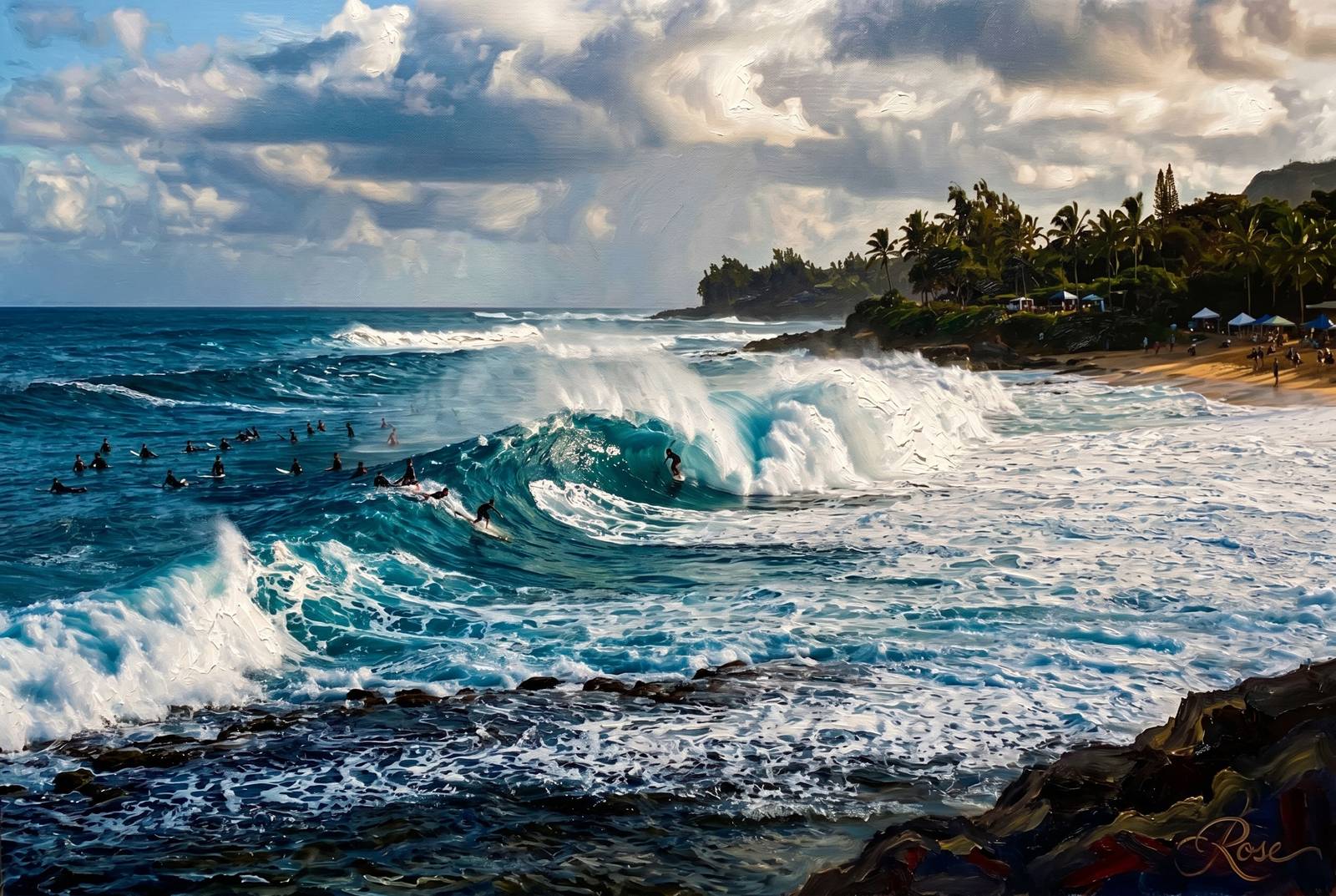 Oil painting of Pipeline surf breaking on Oahu's North Shore