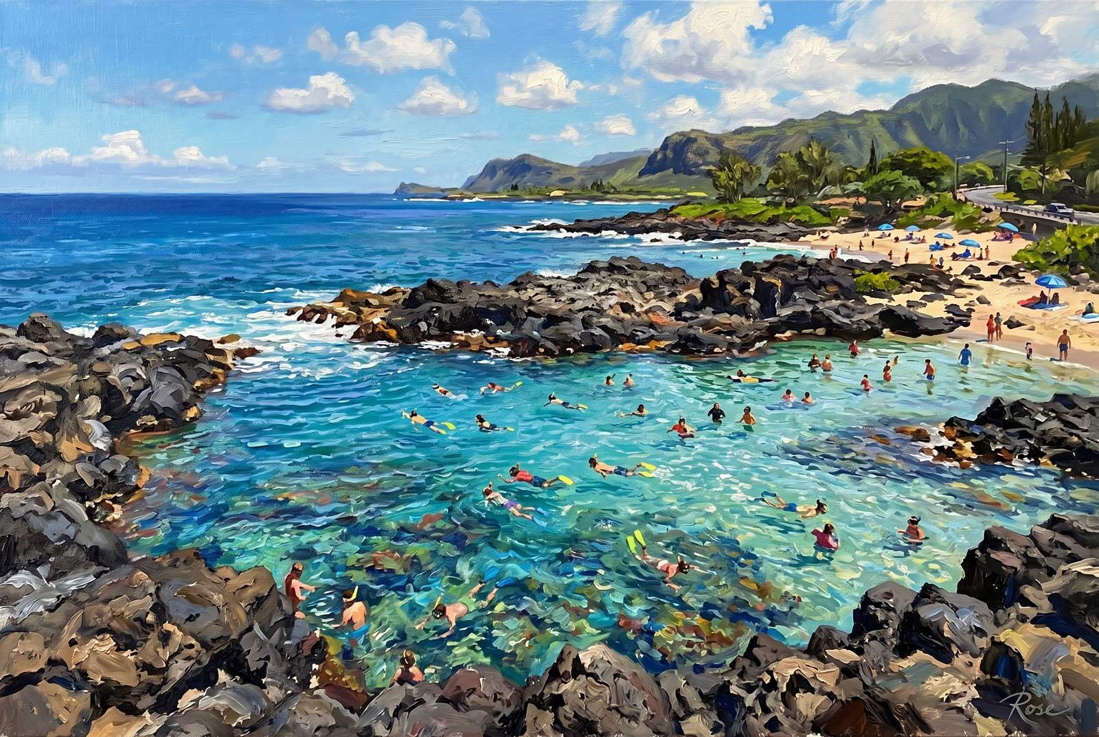 Oil painting of Shark's Cove in calm summer conditions on Oahu