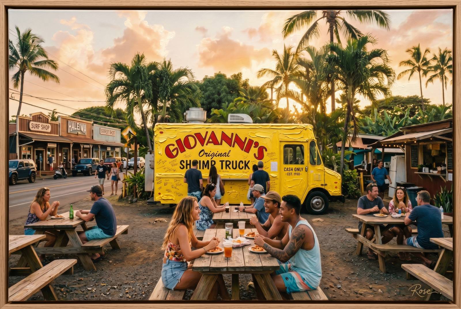 Oil painting of a Haleiwa shrimp truck at golden hour