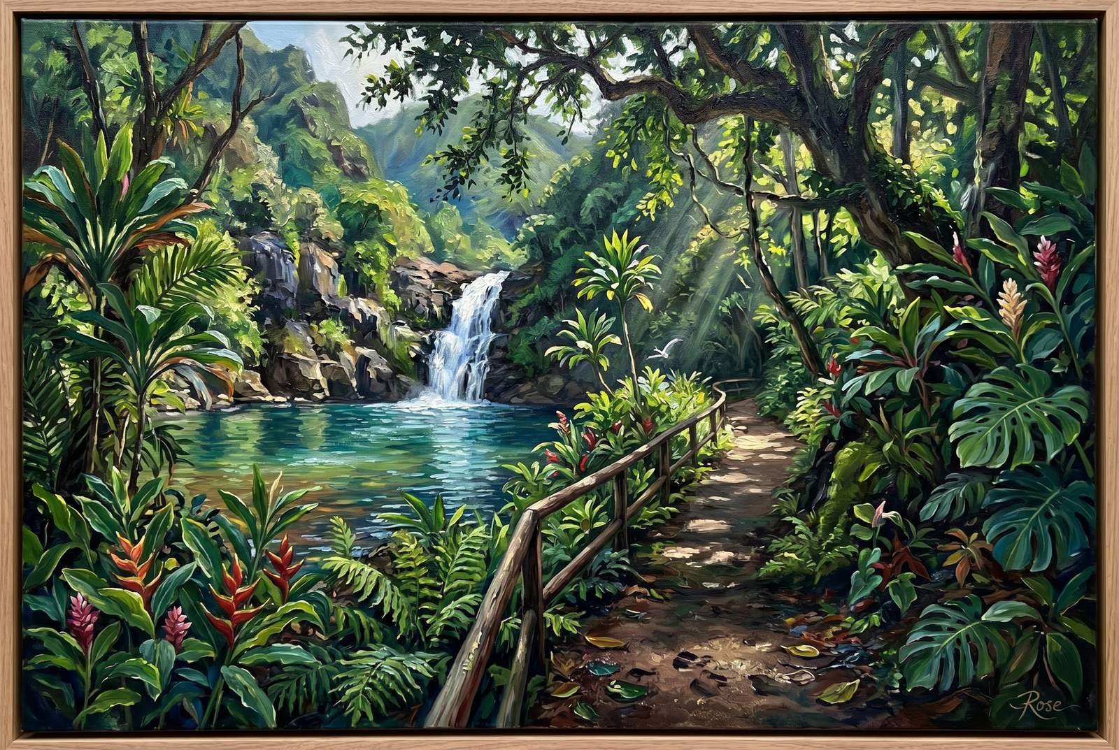 Oil painting of Waimea Valley's lush path and waterfall atmosphere on Oahu