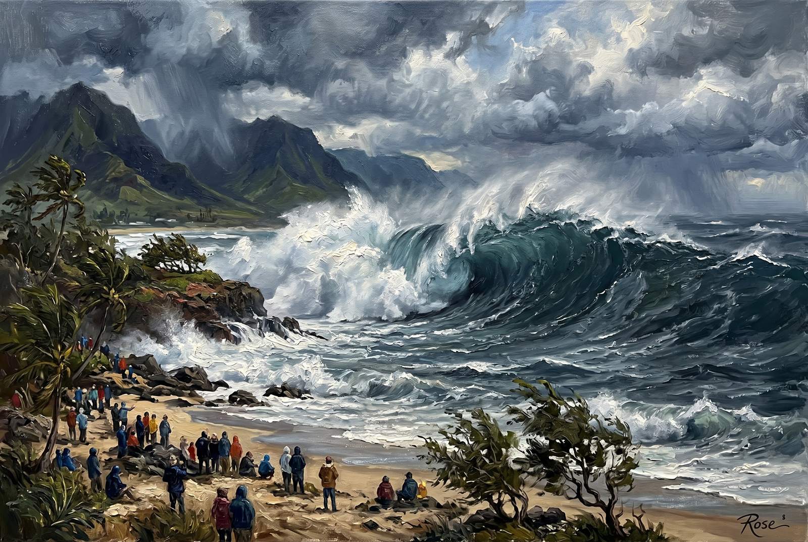 Oil painting of giant winter surf on Oahu's North Shore