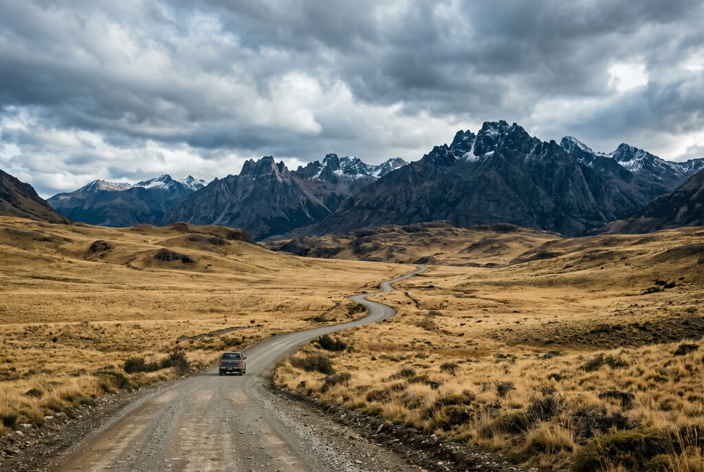 Gravel road through golden Patagonian steppe leading toward dark mountains under heavy clouds