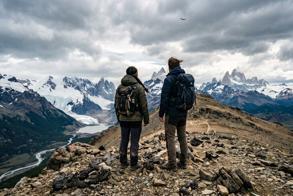 Two hikers on a rocky ridge in Patagonia looking over a wide valley and distant snowy peaks