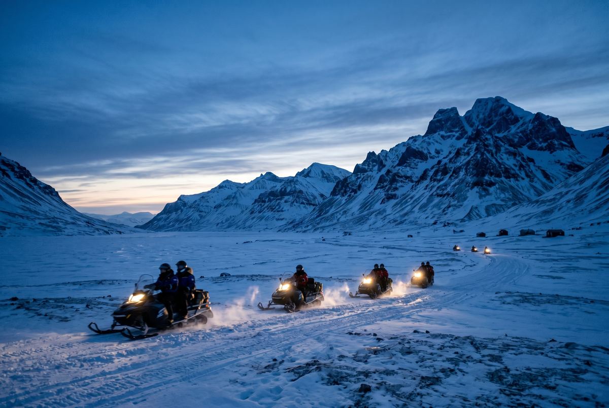 Snowmobiles traveling through Adventdalen near Longyearbyen in Arctic twilight