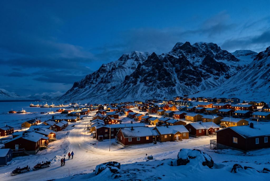 Longyearbyen, Svalbard under blue Arctic light with colorful houses and dark mountains