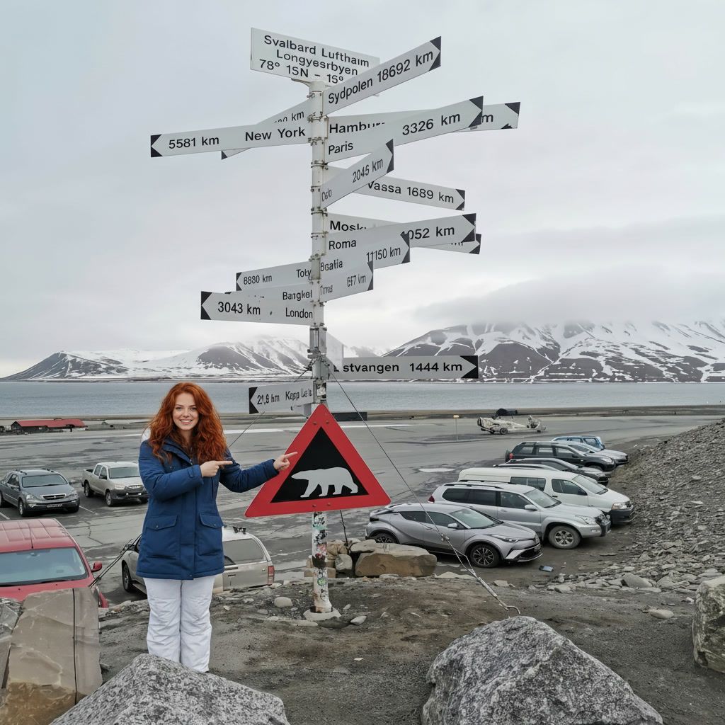 Rose in Longyearbyen pointing at a polar bear warning sign on her first day in Svalbard