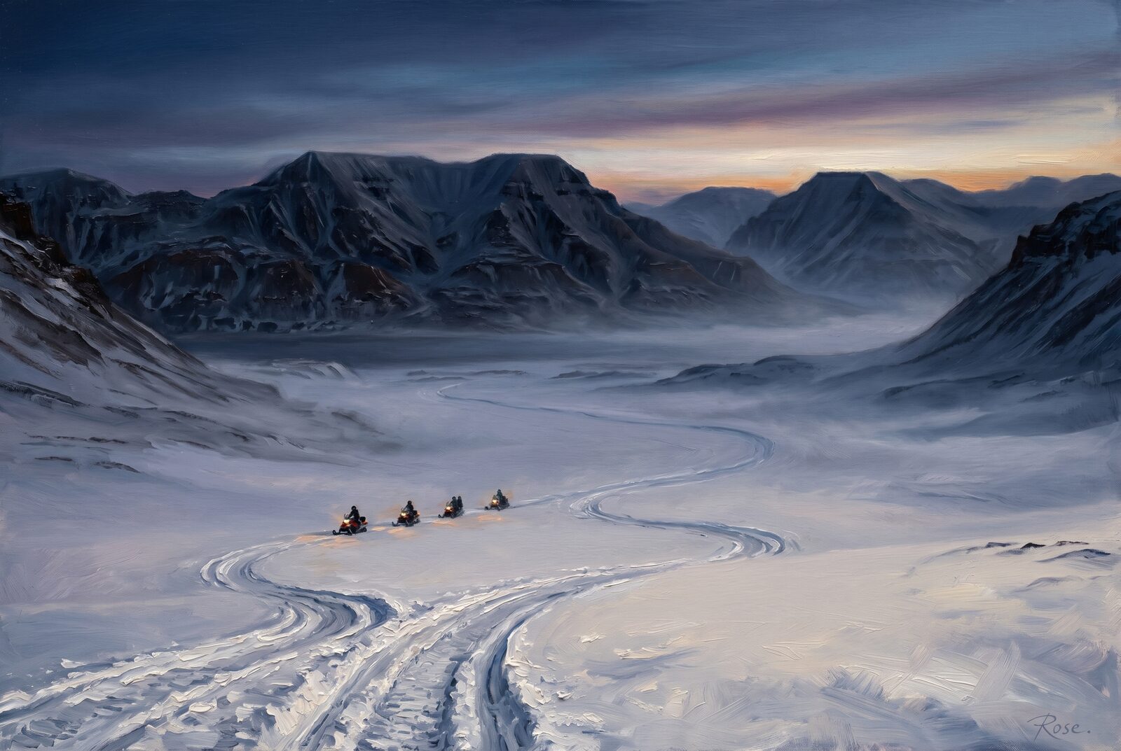 Oil painting of snowmobiles crossing Adventdalen in Arctic twilight
