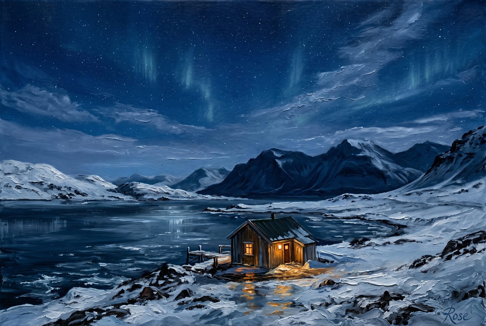 Oil painting of a small Arctic house in Svalbard beneath a deep blue night sky