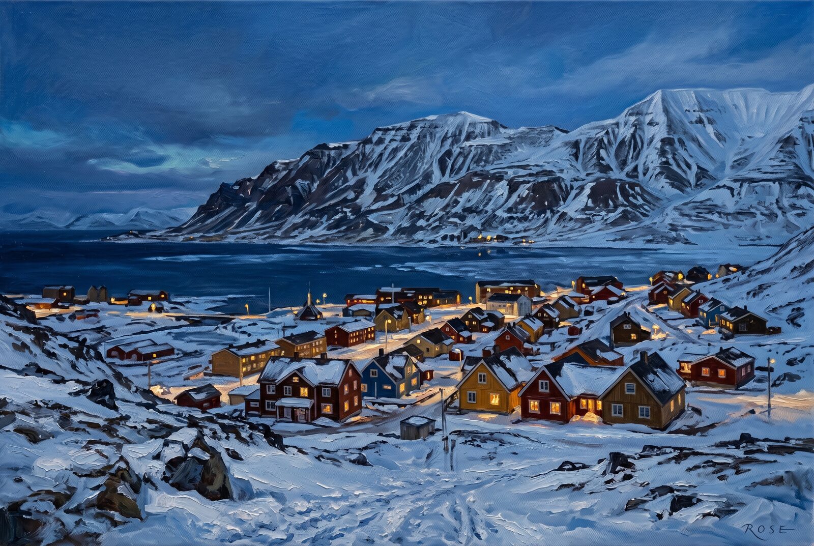 Oil painting of Longyearbyen under blue Arctic twilight with glowing windows