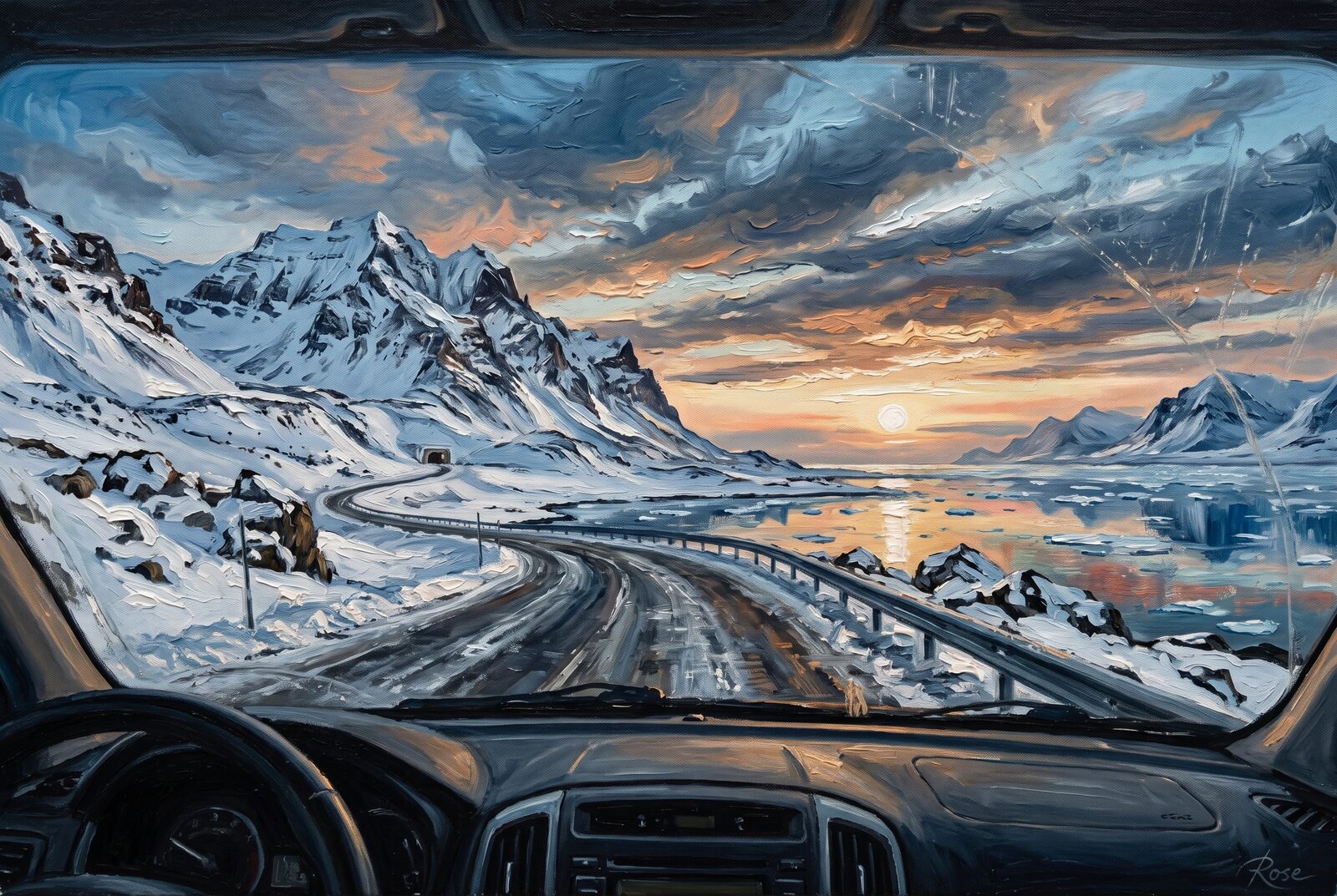 Oil painting of a coastal winter road in Svalbard under low sun