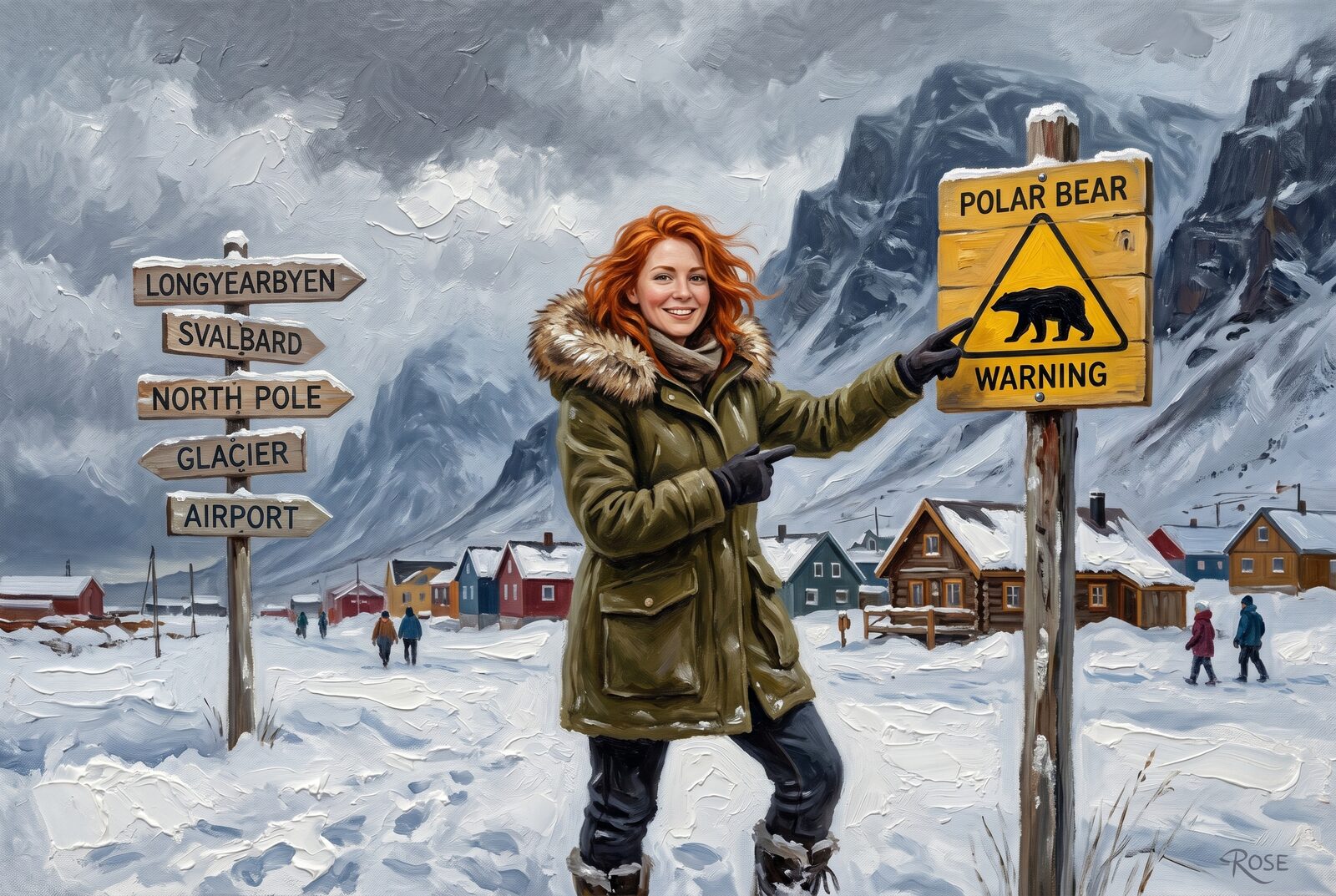 Oil painting of Rose pointing at a polar-bear warning sign in Longyearbyen