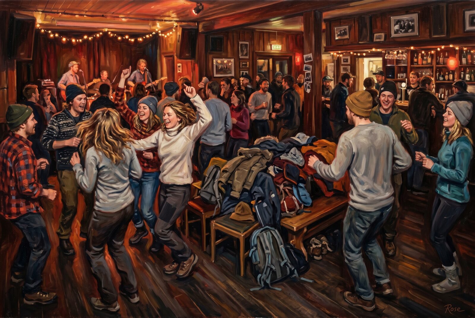 Oil painting of Svalbard nightlife at Huset during polar night