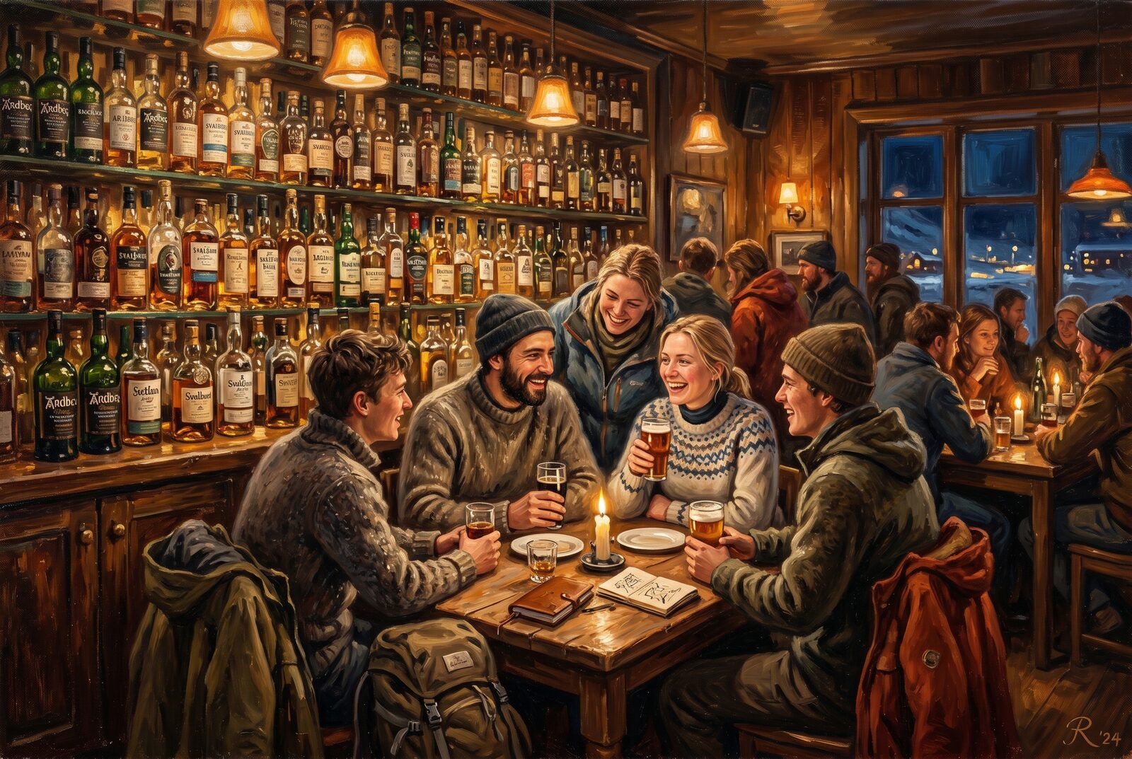 Oil painting of a warm whisky bar in Longyearbyen full of researchers and travelers
