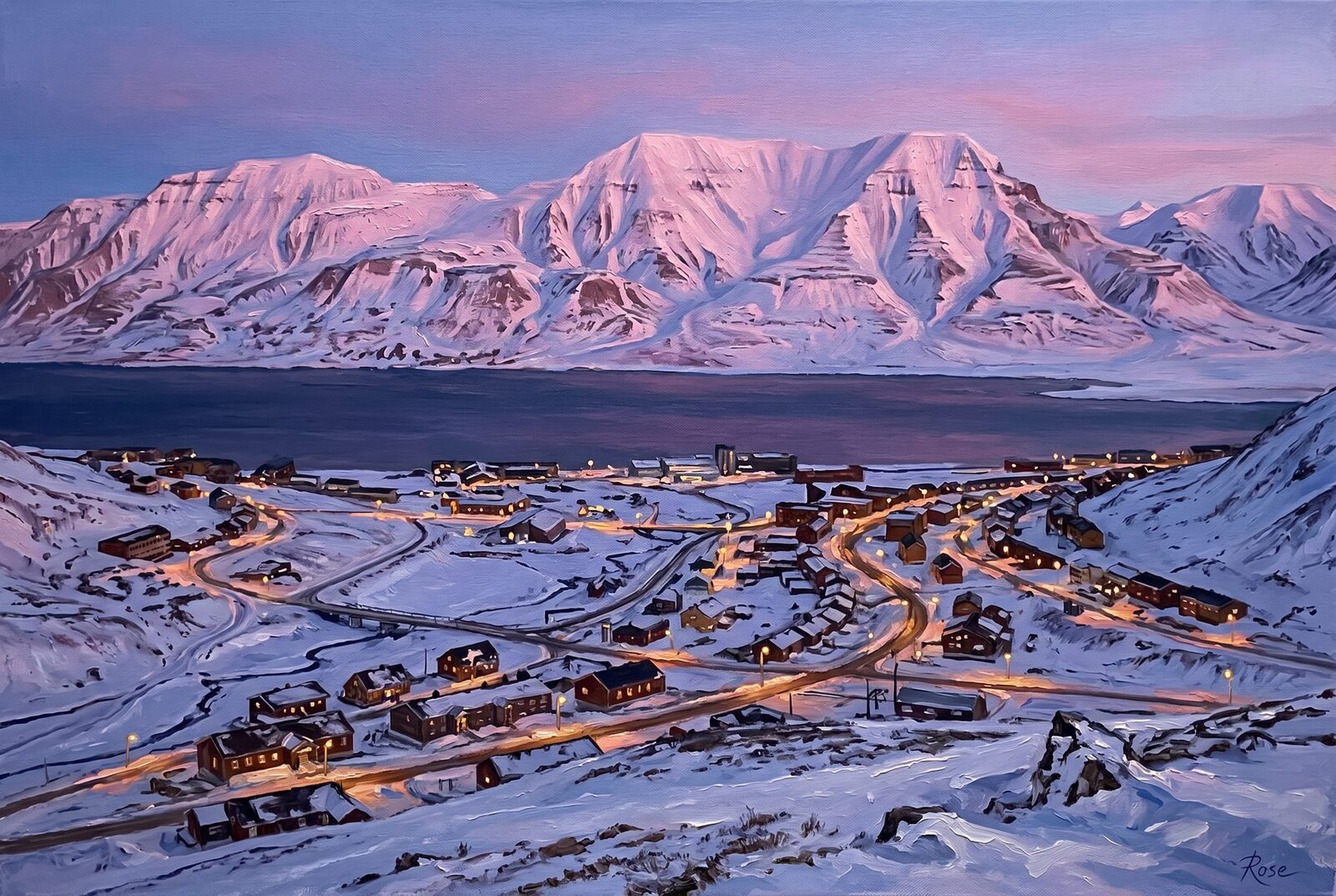 Oil painting of Longyearbyen from above at Arctic twilight