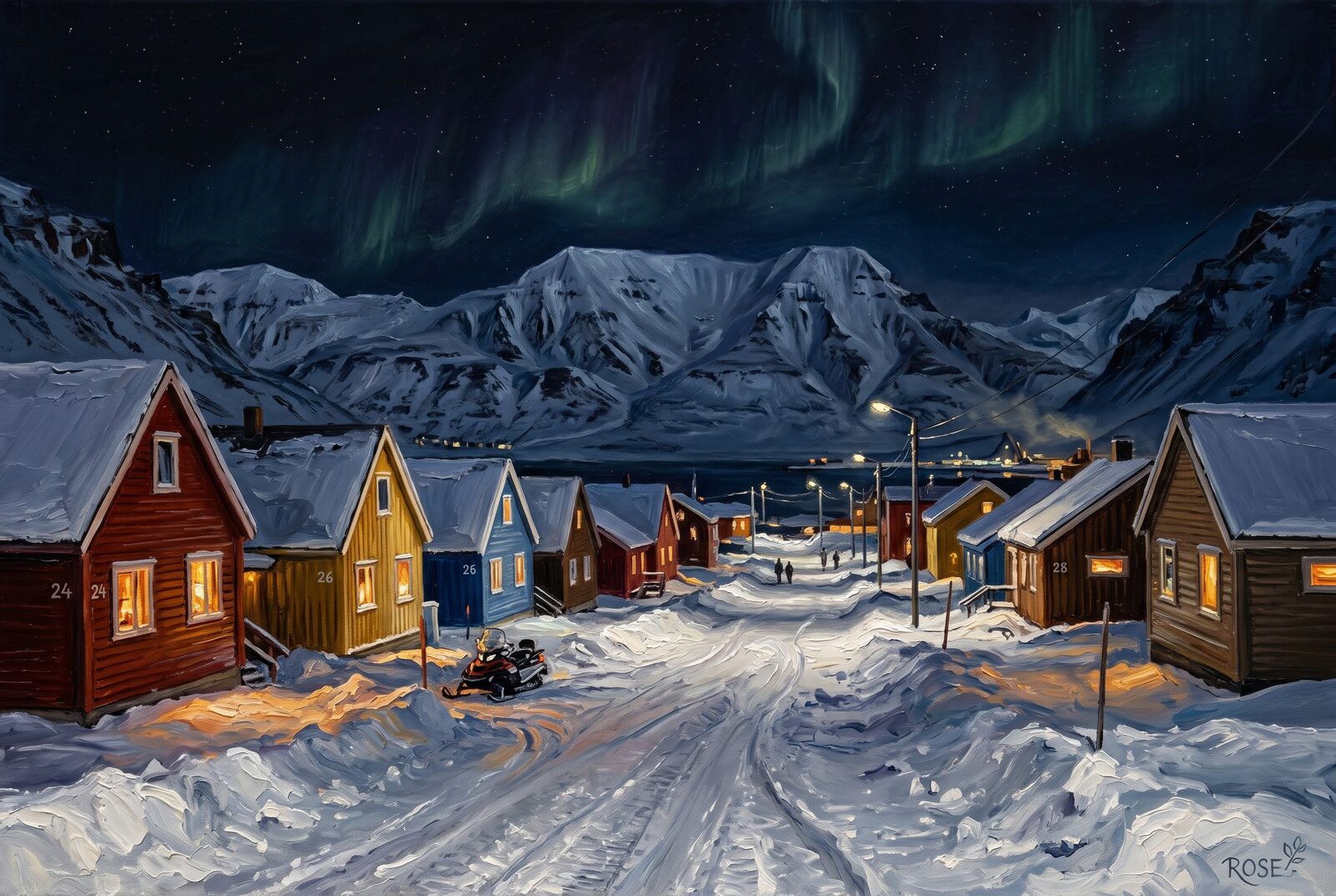 Oil painting of Longyearbyen at night with warm house lights on snow