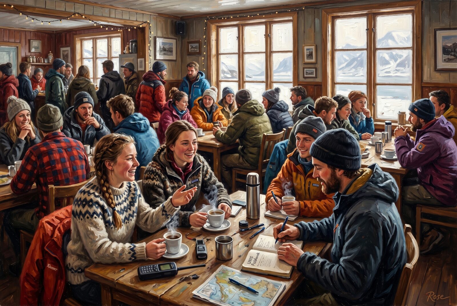 Oil painting of a lively Svalbard cafe full of Arctic researchers and students