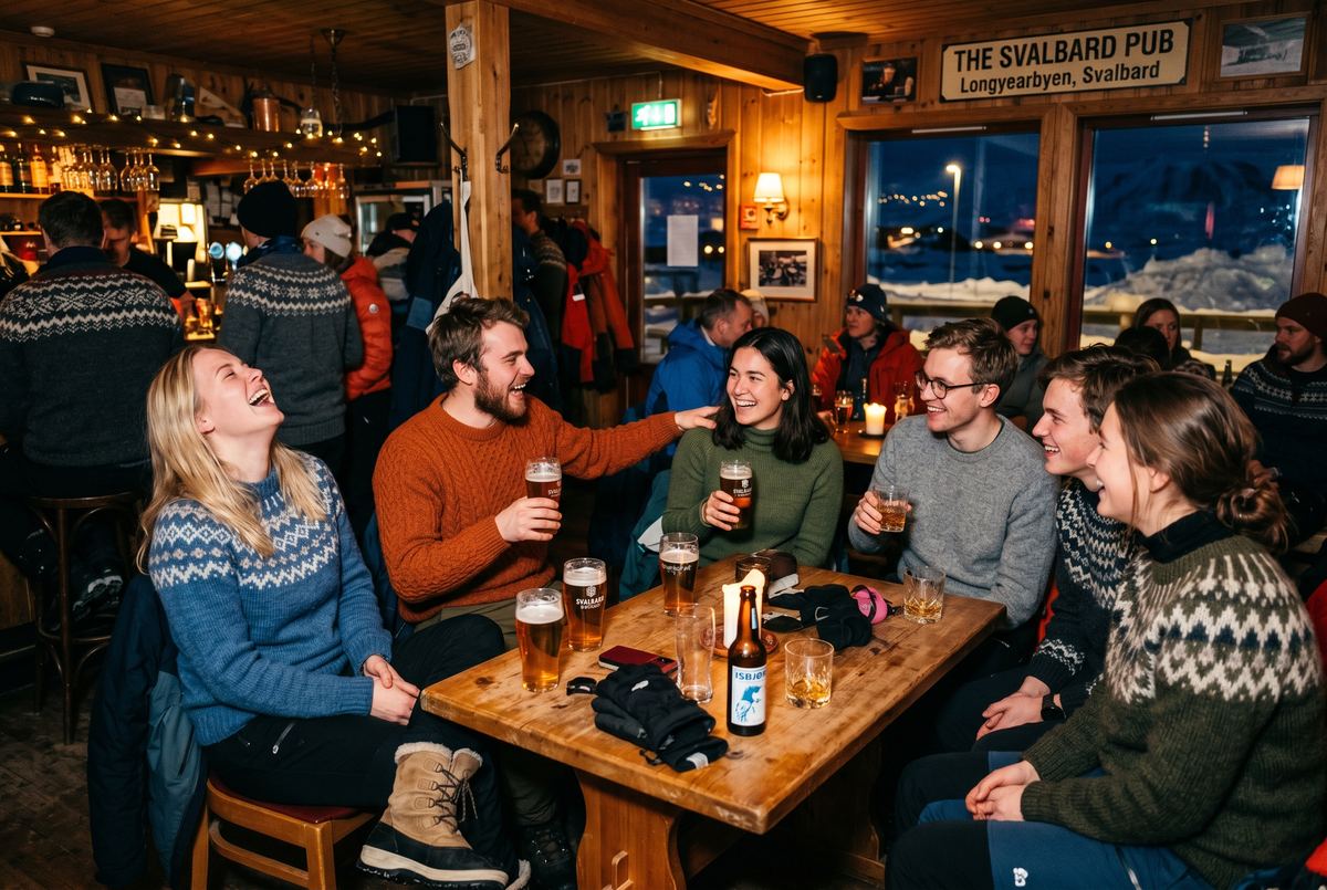 Warm pub scene in Longyearbyen with young researchers and seasonal workers sharing drinks