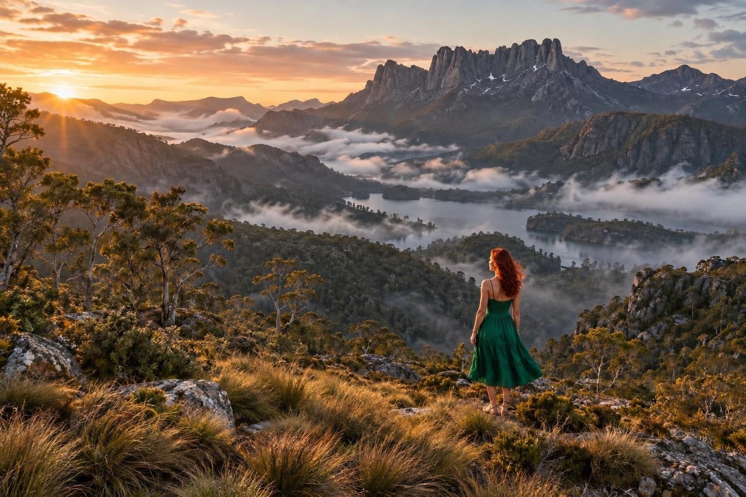 Cradle Mountain at sunrise above a sea of mist, Tasmanian wilderness