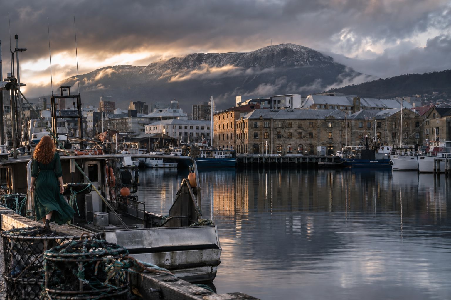 Hobart waterfront at dusk with boats, sandstone warehouses, and kunanyi Mount Wellington behind