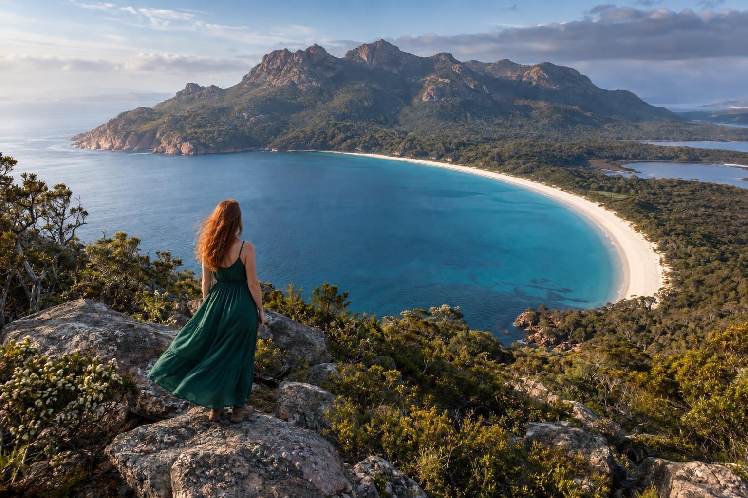 Wineglass Bay from the lookout, white crescent beach between pink granite peaks, Freycinet Tasmania