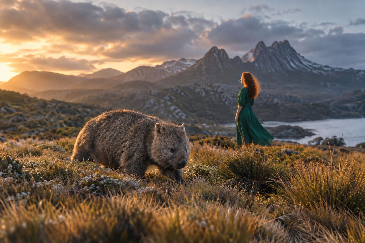 A wombat grazing at golden hour in the Tasmanian highlands with jagged peaks behind