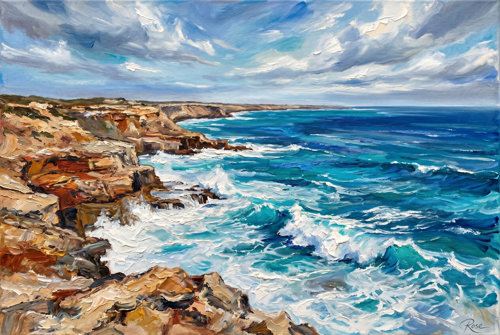 Oil painting of the Western Australia Coral Coast with limestone and bright ocean color