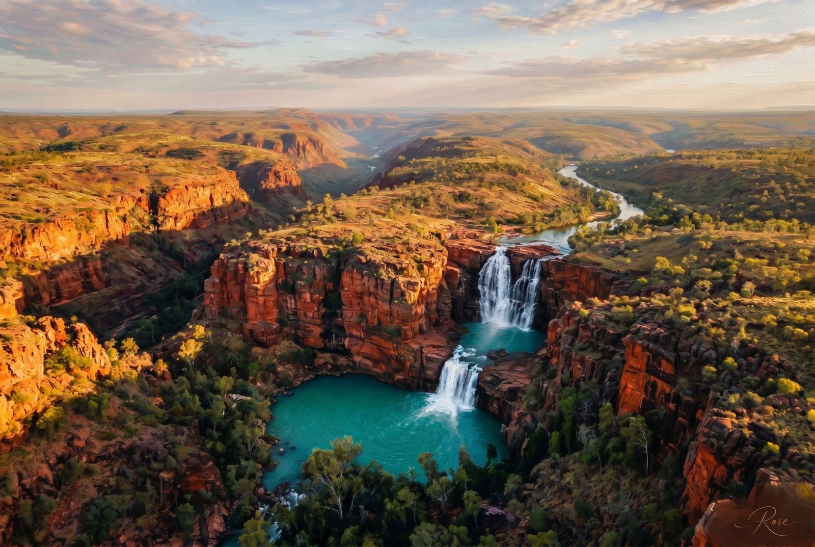 Oil painting of Kimberley canyon waterfalls in Western Australia