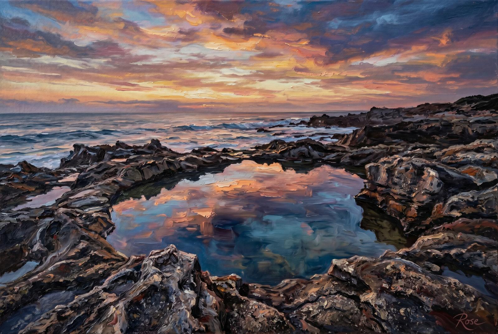 Oil painting of an ocean rock pool on the Western Australia coast at dusk