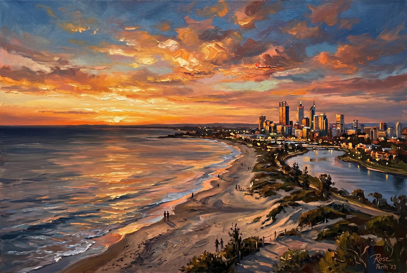 Oil painting of Perth and the Indian Ocean at sunset