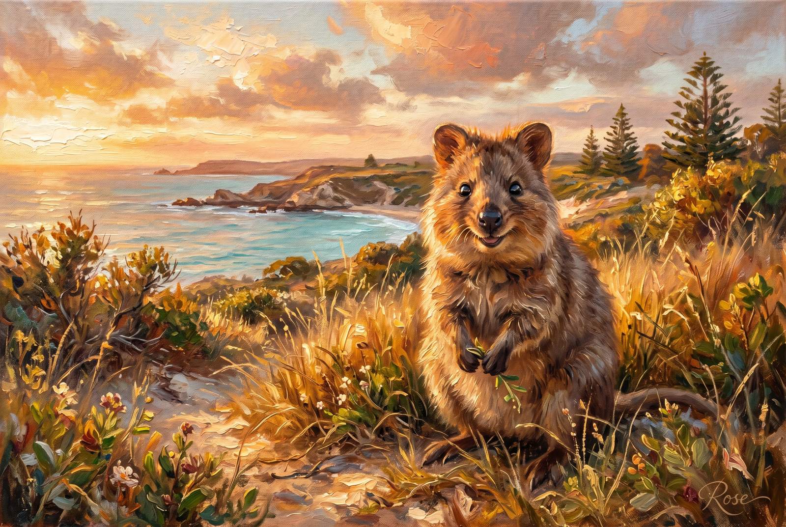 Oil painting of a quokka on Rottnest Island at golden hour