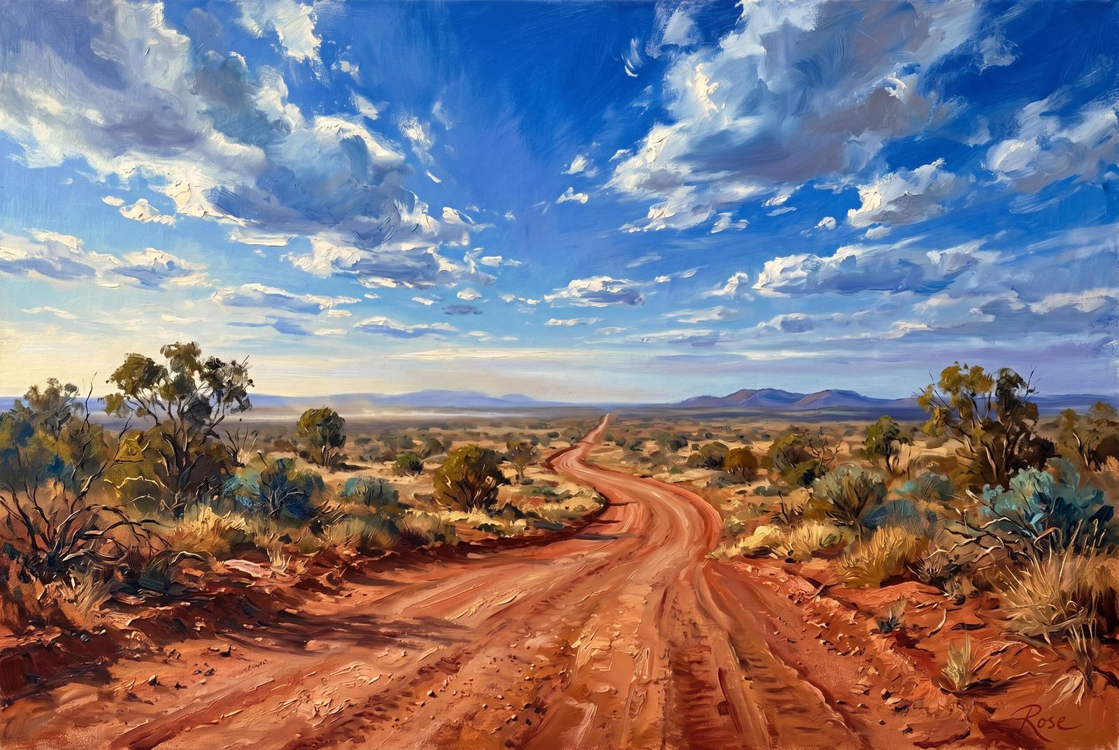 Oil painting of a long red dirt road through Western Australia under a huge blue sky