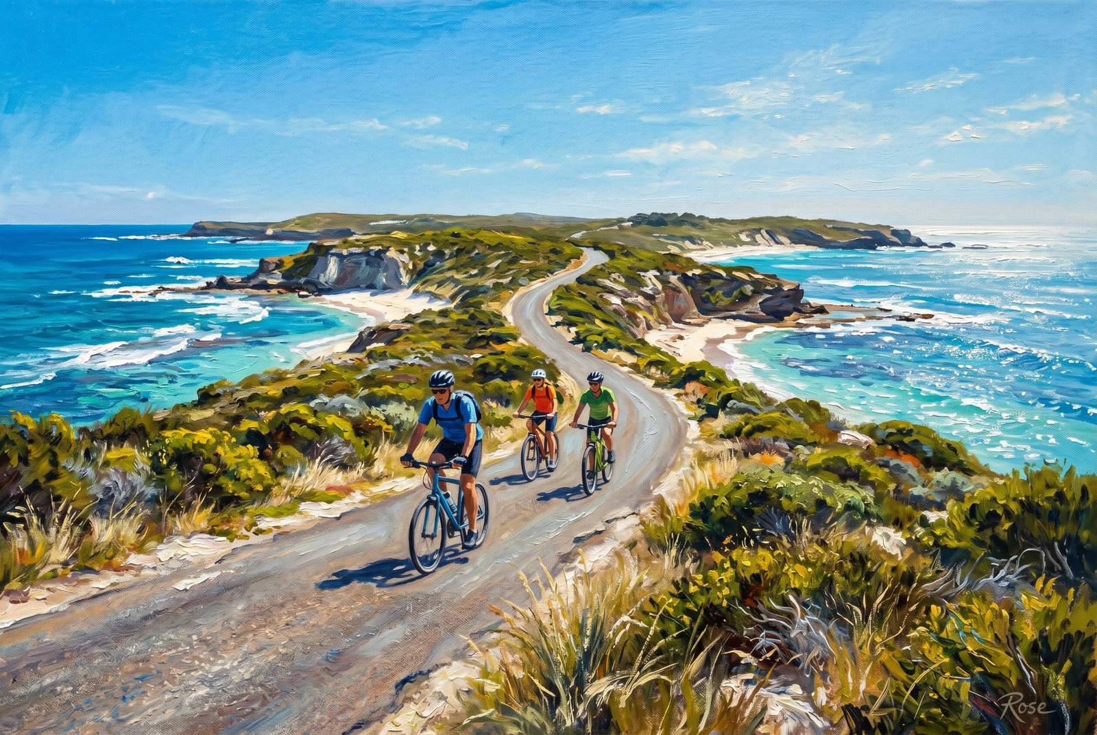 Oil painting of cyclists on a coastal road on Rottnest Island