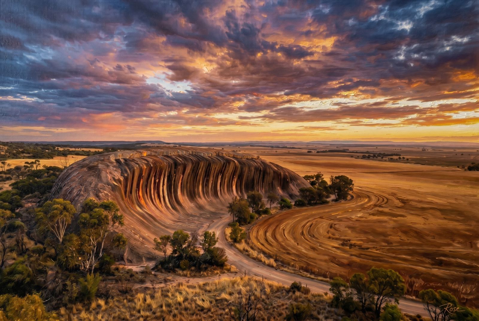 Oil painting of Wave Rock in Western Australia under dramatic sky