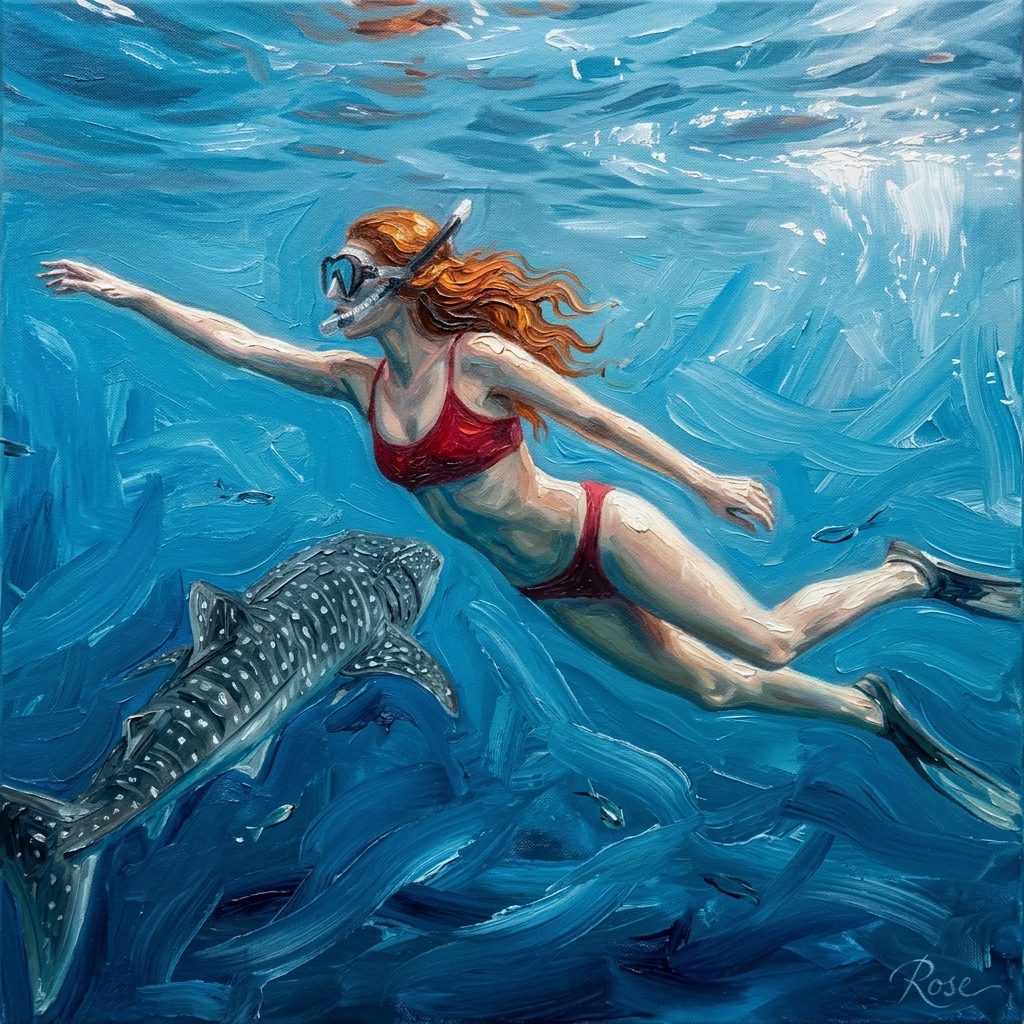 Oil painting of Rose swimming beside a whale shark in Western Australia