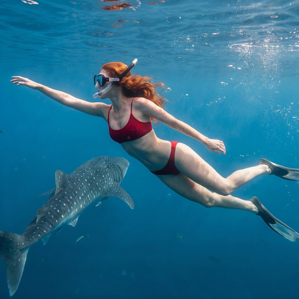 Rose swimming with a whale shark at Ningaloo Reef, Western Australia