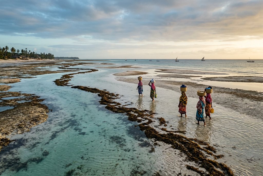 Zanzibar east coast at low tide with shallow turquoise water, seaweed lines, and women walking across the flats under dramatic dawn clouds