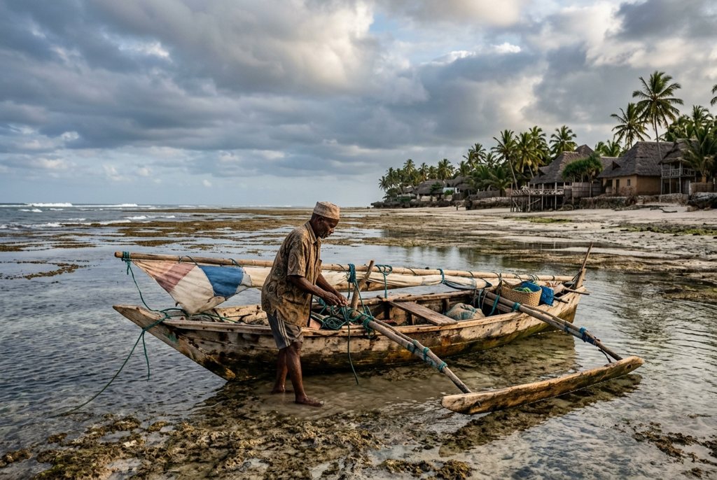 Zanzibari fisherman standing beside a lightweight handmade boat in shallow water on the Jambiani coast with palms and village buildings behind him
