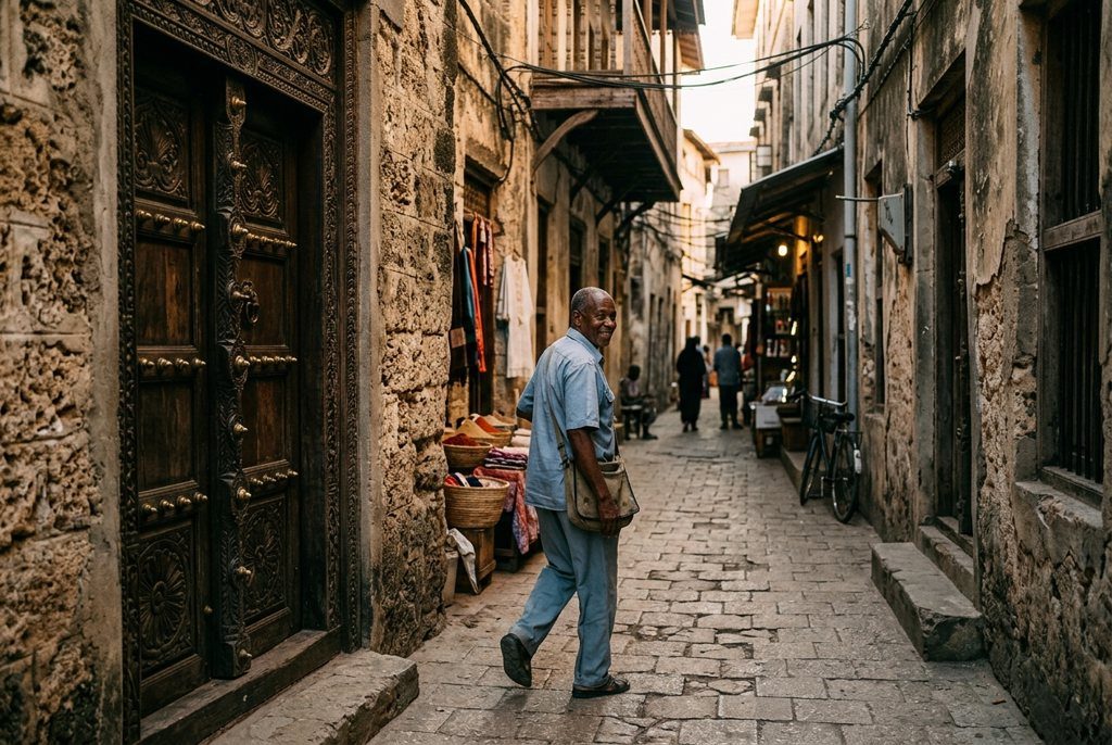 Early morning alley in Stone Town Zanzibar with carved wooden door, coral stone walls, and a local guide walking through warm dawn light