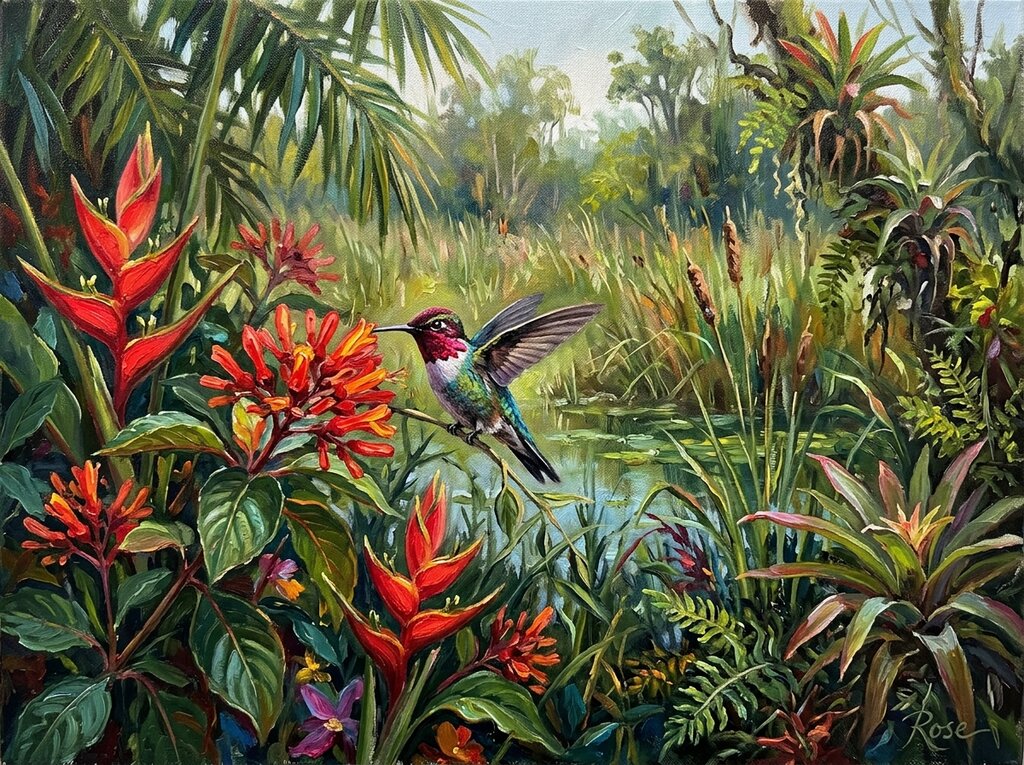 Oil painting of a bee hummingbird among tropical flowers in Zapata