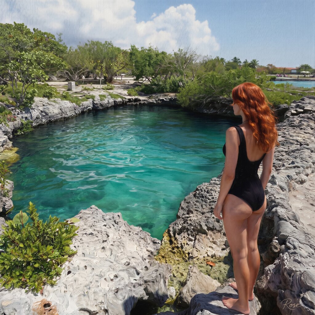 Oil painting of a clear blue cenote surrounded by tropical vegetation in Zapata