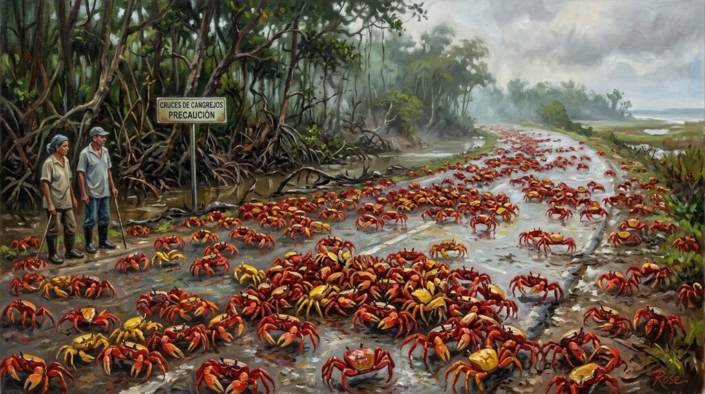 Oil painting of red and yellow land crabs crossing a road in Ciénaga de Zapata