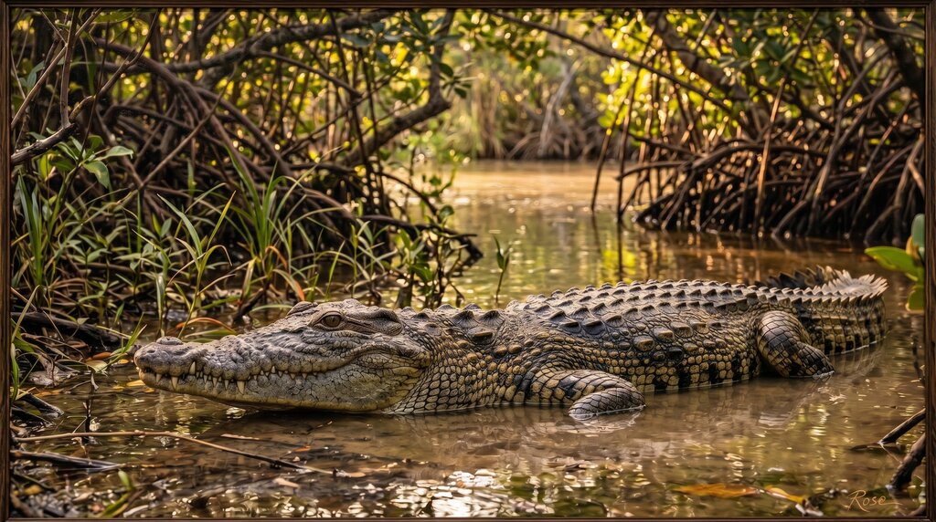 Oil painting of a Cuban crocodile in the wetlands of Ciénaga de Zapata