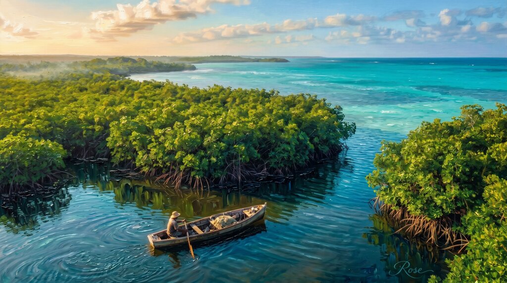 Oil painting of the mangrove coast and blue water in Ciénaga de Zapata, Cuba