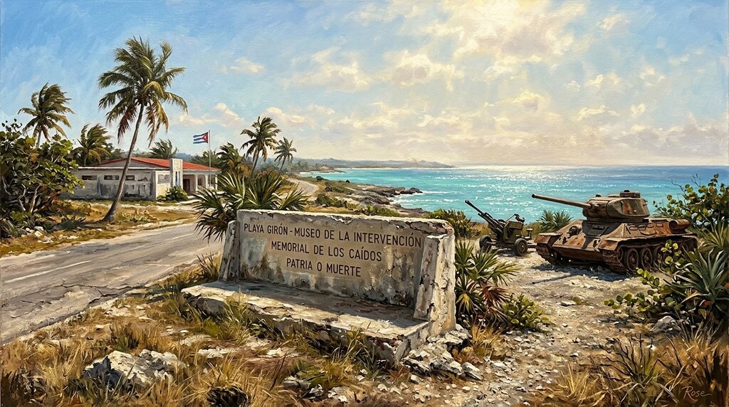 Oil painting of the Playa Girón museum and roadside memorial atmosphere in Cuba