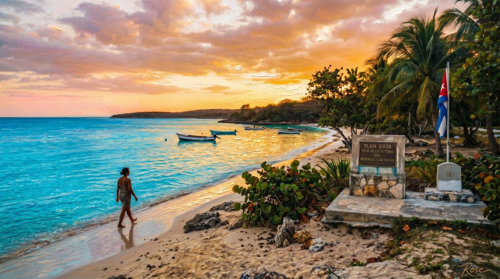 Oil painting of Playa Girón coastline with memorial atmosphere and tropical water in Cuba