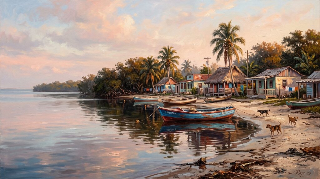 Oil painting of quiet Playa Larga shoreline with fishing boats in Cuba